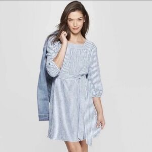 Universal thread linen style shift dress white and blue striped Small